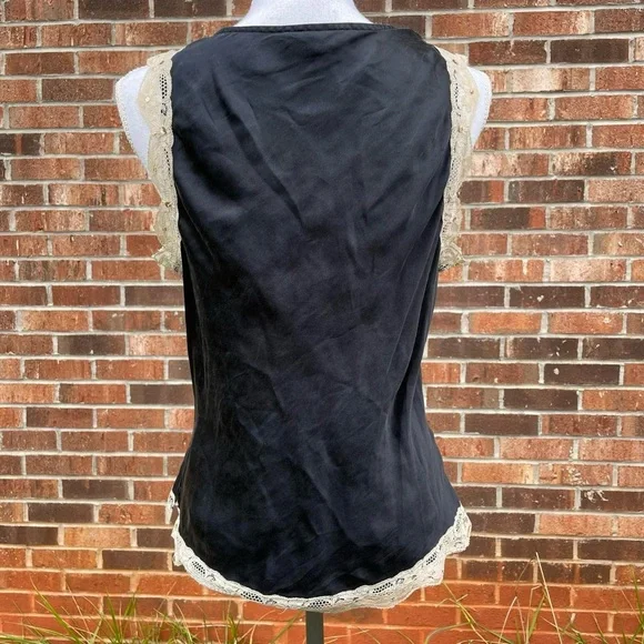 100% Silk Large Daisy Fuentes Black Cream Sequin V-neck Lace Cami Top - Picture 5 of 8